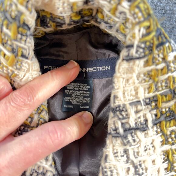 French Connection Tweed Jacket Size 4 Yellow Black Cream Belted Rounded Collar - Picture 5 of 10